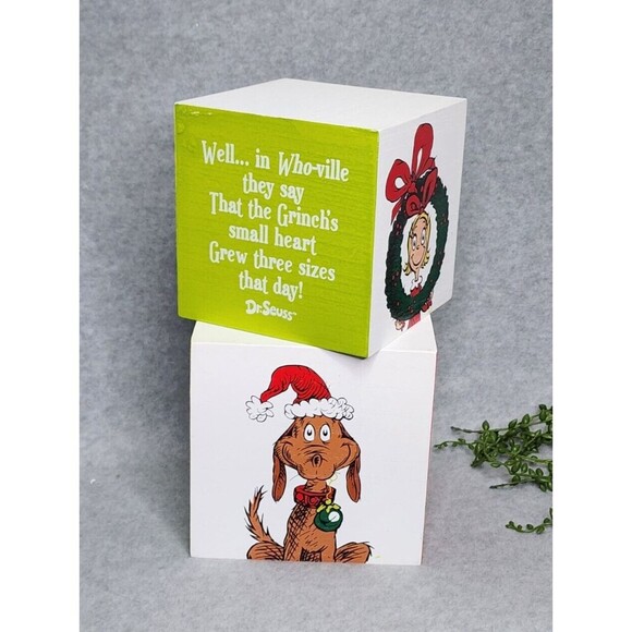 Grinch Christmas Story Stacking Boxes Cindy Lou Who Max The Dog 2 Pc Wooden NEW - Picture 2 of 8